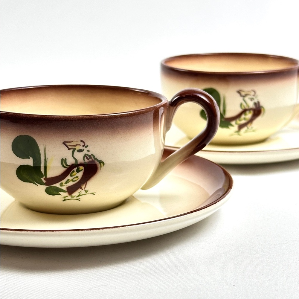 Vintage Brock of California Pottery Chanticleer Cup and Saucer Sets